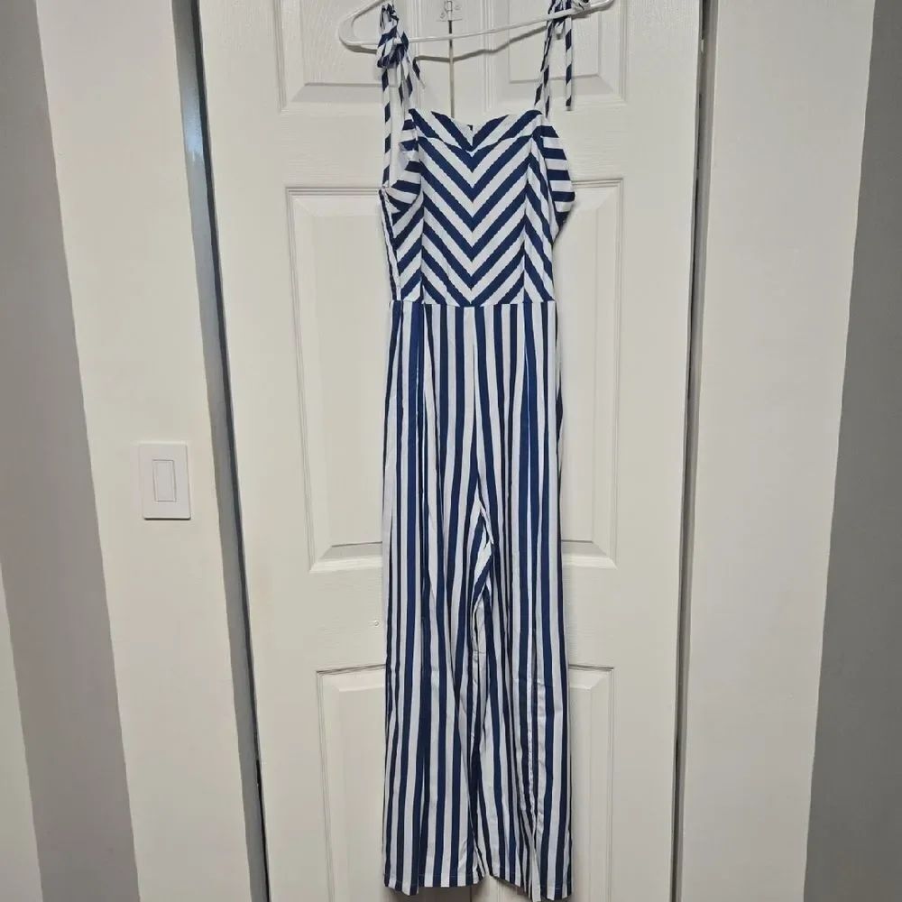 Navy and White Striped Tie-Shoulder Jumpsuit